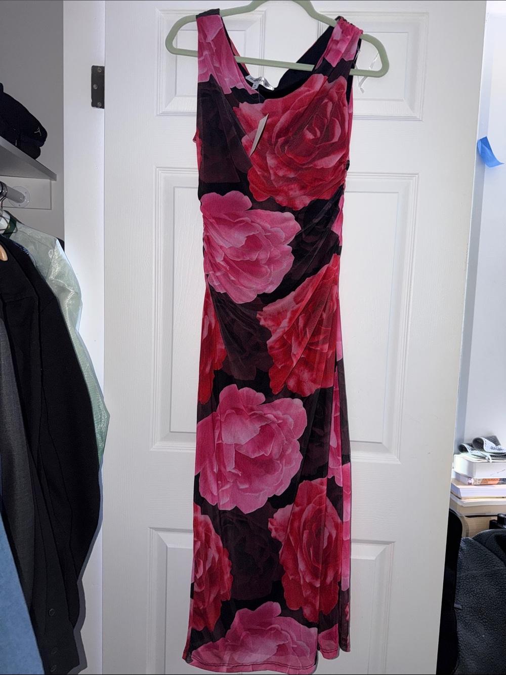 NWT Madden Girl Black Maxi Dress with Pink & Red Rose Print